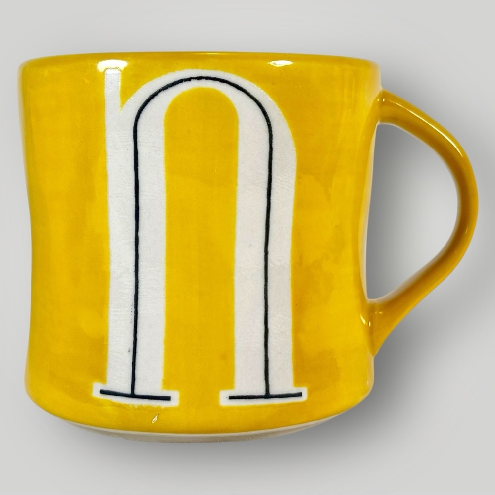 Anthropologie "N" Initial Monogram Coffee Mug Handpainted Font Typewriter